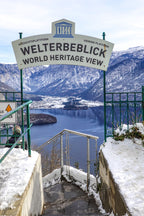 Hallstatt Skywalk viewing platform high above the village of Hallstatt and its lake in the Austrian Alps