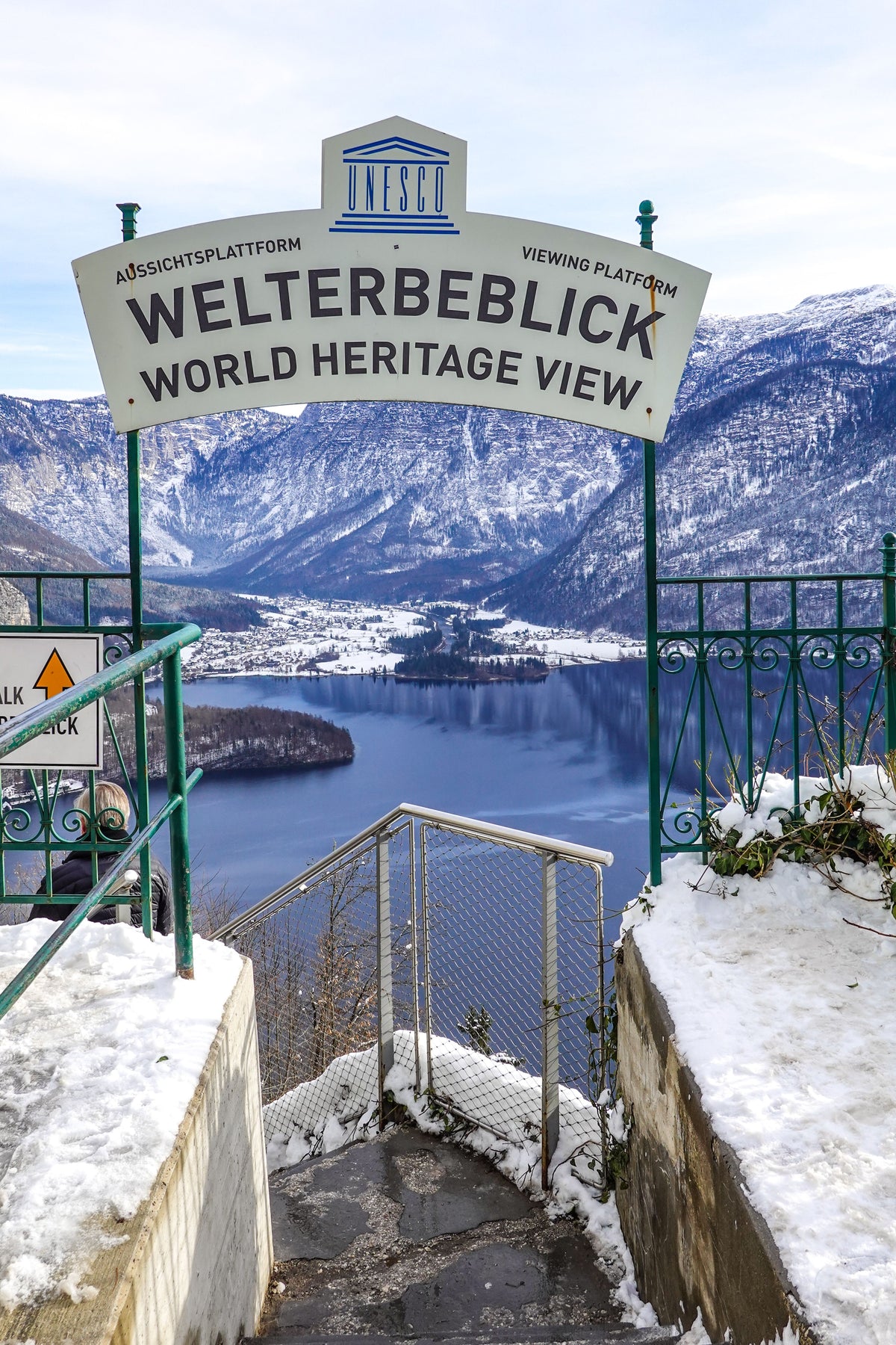 Hallstatt Skywalk viewing platform high above the village of Hallstatt and its lake in the Austrian Alps